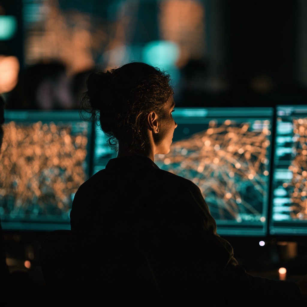 Photo: security monitoring screens in a dark room