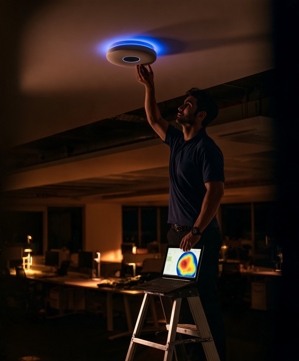 Photo: a ceiling access point in a warehouse or office